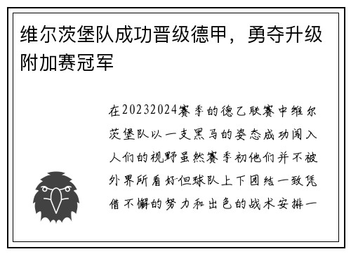 维尔茨堡队成功晋级德甲，勇夺升级附加赛冠军